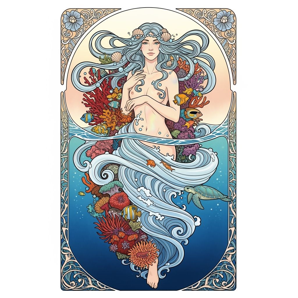 A sea goddess rising through coral and swirling currents, art nouveau panel with a decorative filigree border